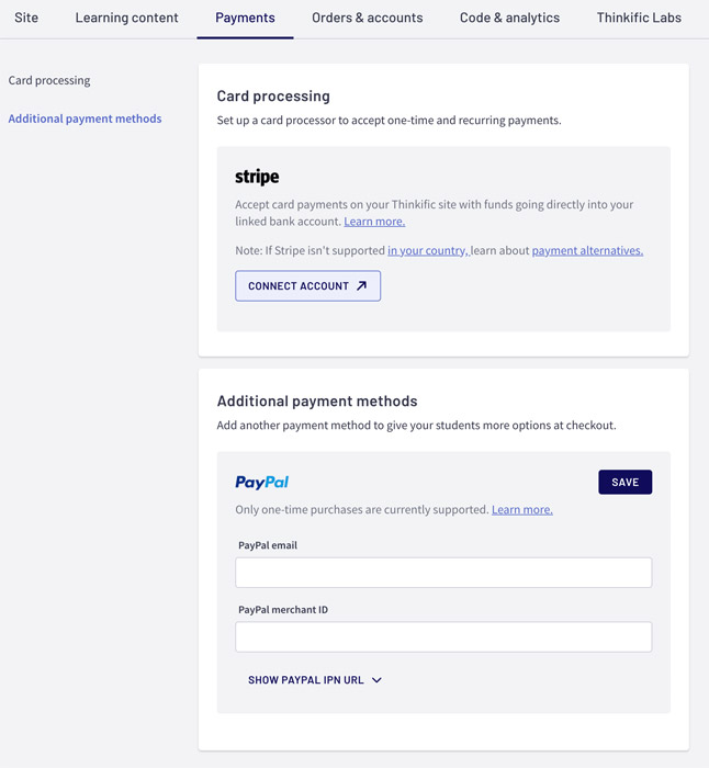 Receive payments in Thinkific with Stripe or Paypal