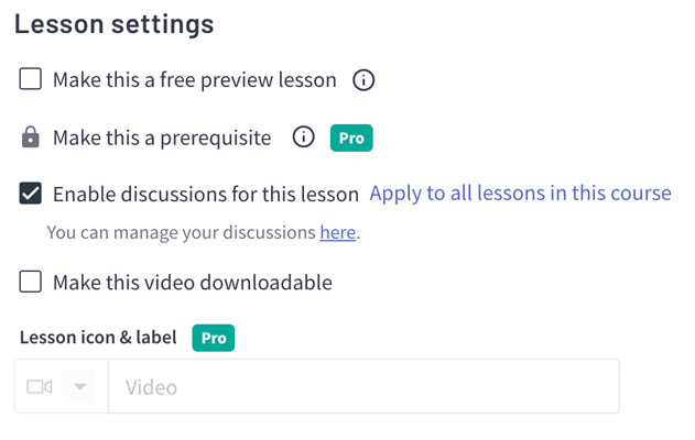 Lesson settings in Thinkific