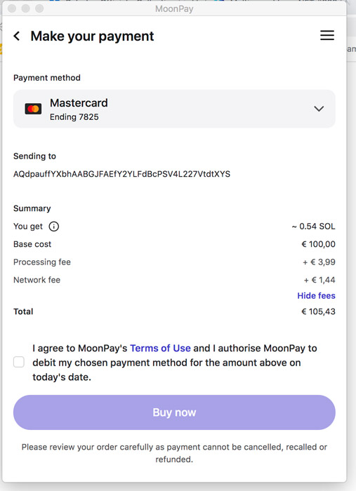 Buying SOL with Moonpay and credit card, fees.